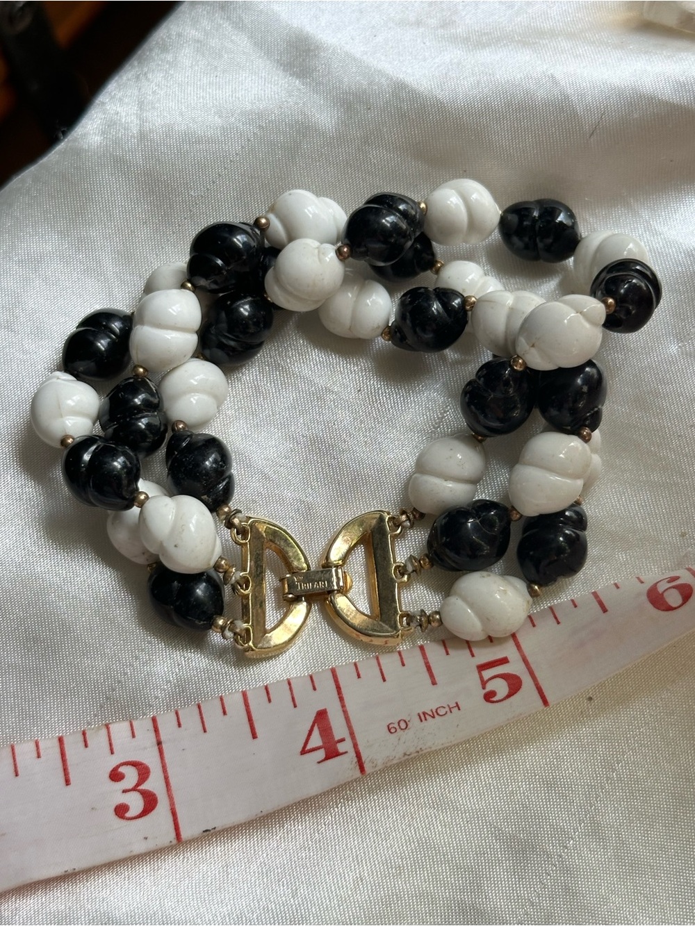 Vintage Crown Trifari Black & White Triple-Strand Beaded Bracelet